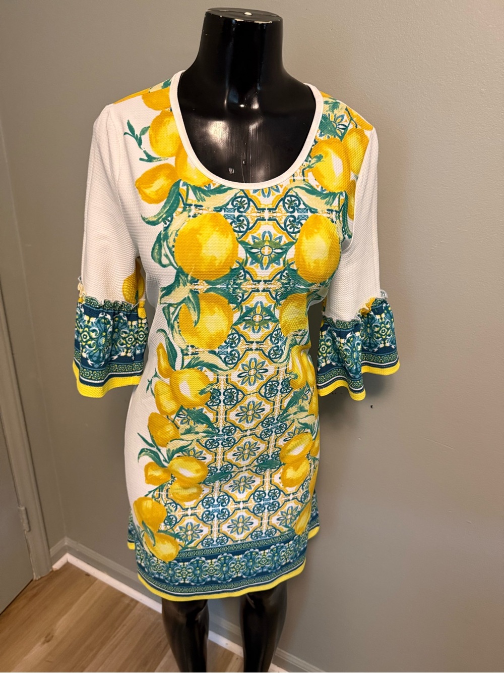 White Mini Dress with Yellow Lemon & Teal Tile Print NWT